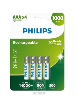 Nabíjecí baterie AAA/HR03 1000mAh - PHILIPS RTU, 4 ks (blistr).